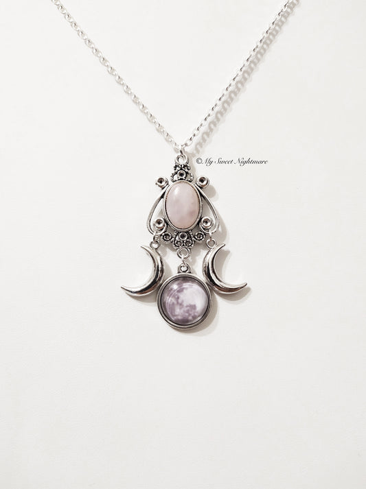 Collana con triplice luna e quarzo rosa